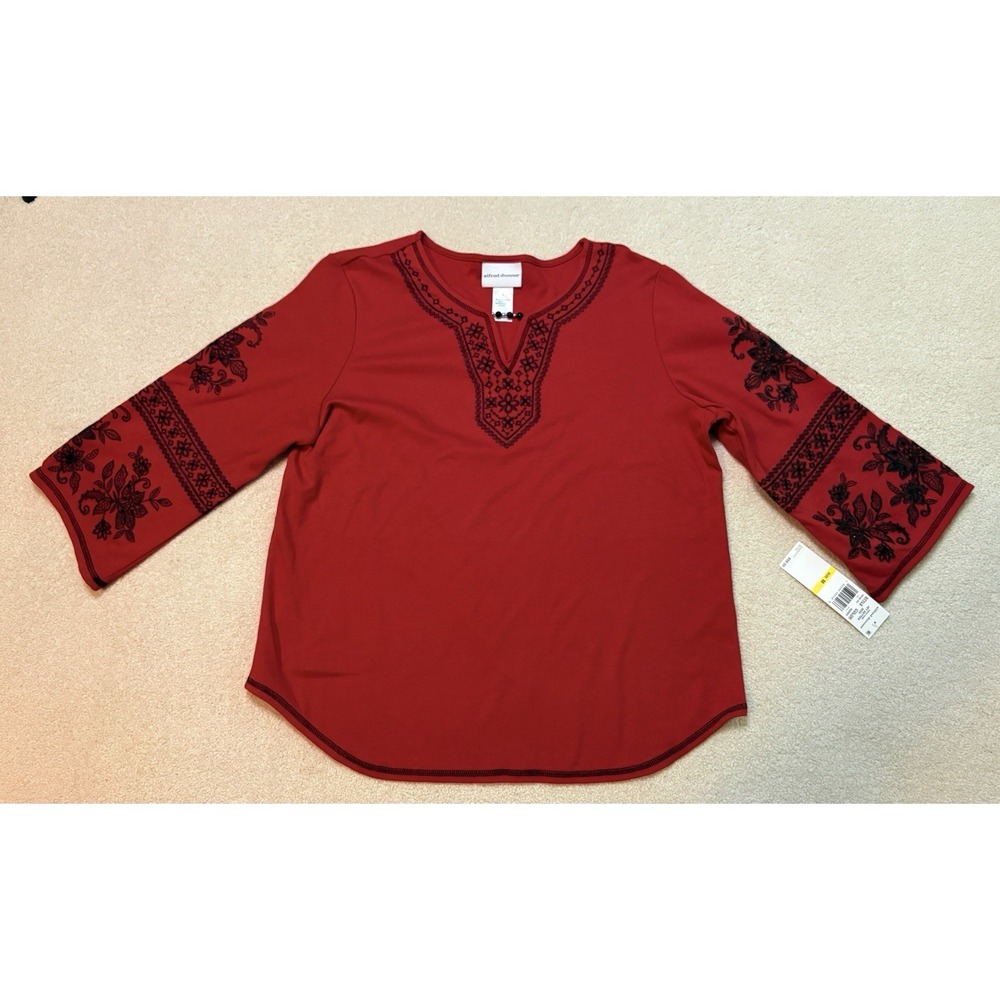 Alfred Dunner Red Embroidered  Boho Folk 3/4 Sleeve Split Neck Beaded NWT Med
